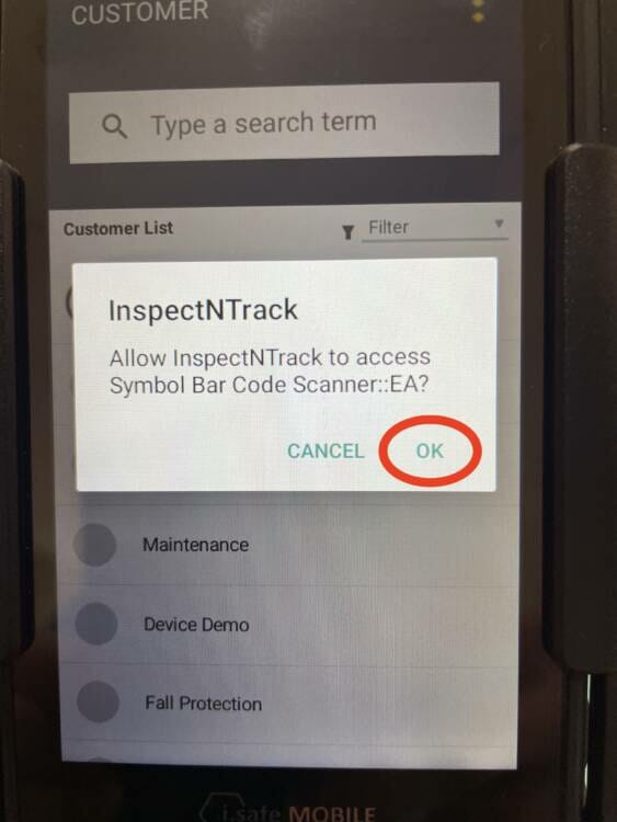 InspectNTrack software - configuring iSafe mobile device to allow access to symbol bar code scanner