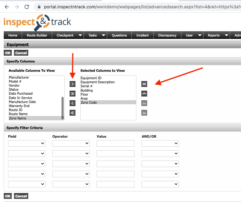 columns for custom data exports in InspectNTrack fire safety software