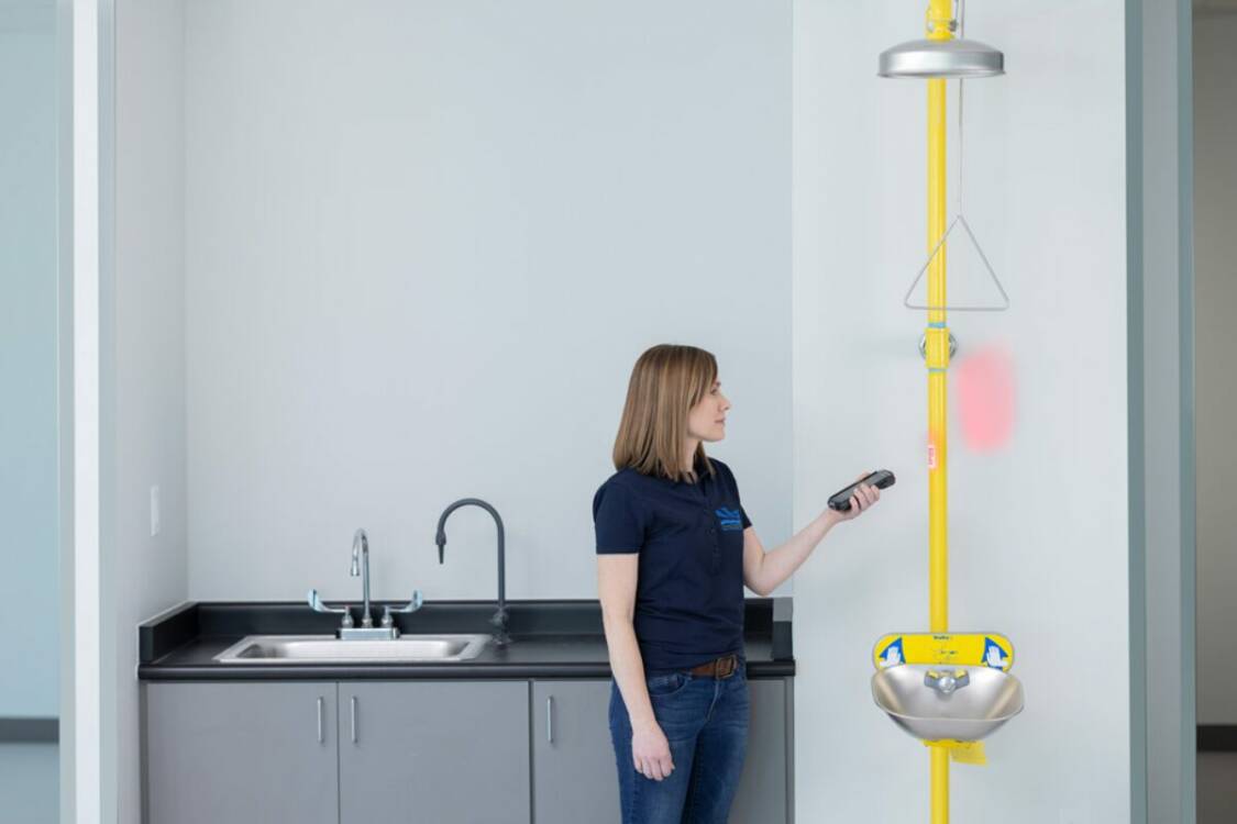 Using software to inspect an eyewash station & safety shower combo unit