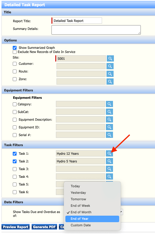 Filters available in the Detailed Task Report Page of InspectNTrack fire safety software