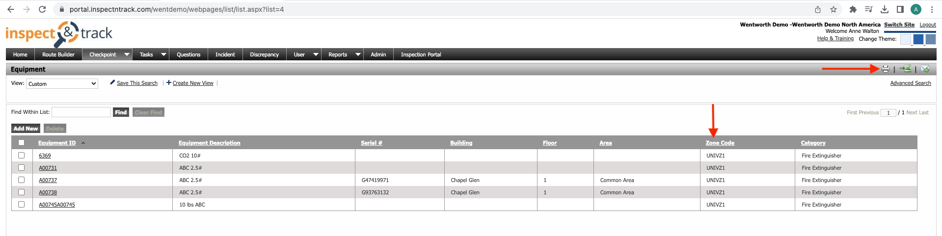 Final Dashboard in InspectNTrack software for creating custom filtered data exports - zone code
