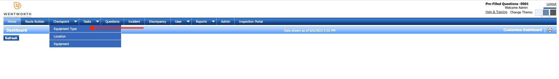 InspectNTrack software - menu --> equipment type