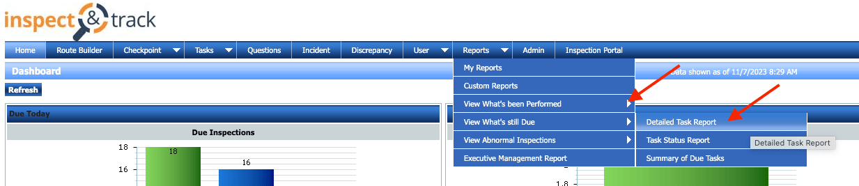 How to navigate the InspectNTrack software dashboard to find the detailed task report