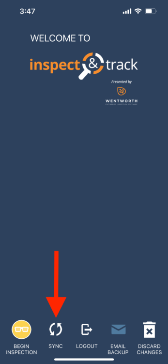 Welcome Page on InspectNTrack's software - visual directions for syncing