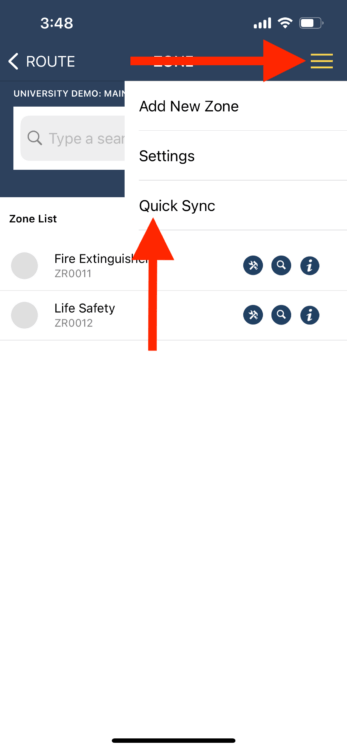 Sync2 - visual directions for finding the sync option in InspectNTrack fire safety software
